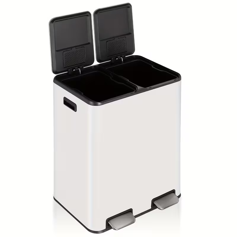 16-Gallon Dual Compartment Stainless Steel Kitchen Trash Can – Hands-Free Foot Pedal, Soft-Close Lid, Odor-Control Boxes, Airtight Design, Removable Buckets & Side Handles for Home or Office