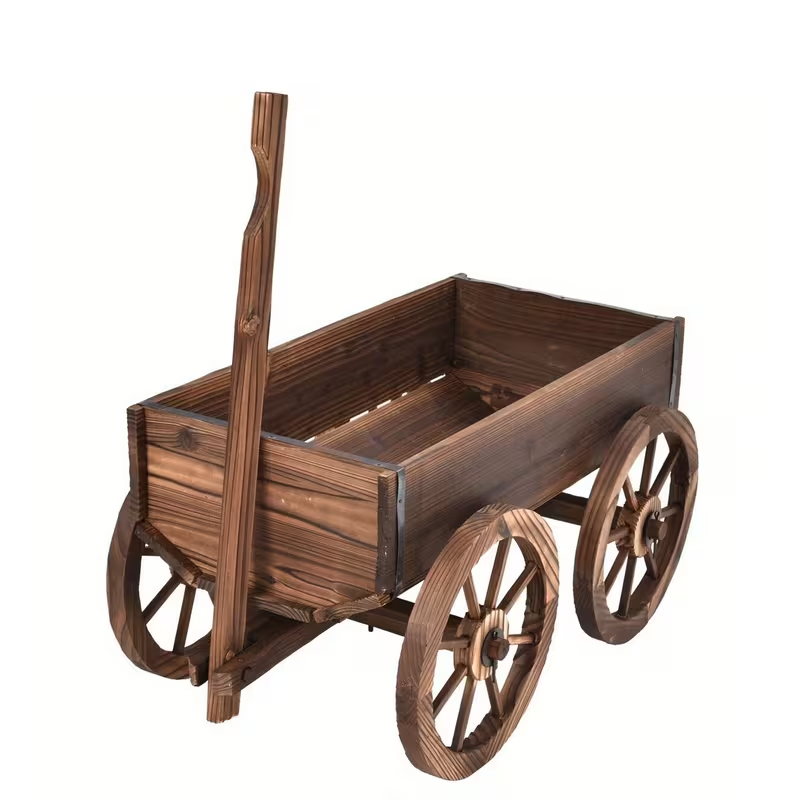 Wooden Flower Planter Wagon with Wheels, Mobile Multi-Pot Plant Stand for Indoor and Outdoor Garden Décor