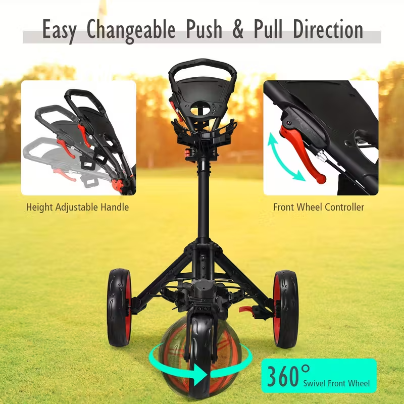 Folding Golf Push Cart, Lightweight Aluminum Golf Trolley with Adjustable Handle, Swivel Front Wheel, Foot Brake, Scoreboard and Cup Holder, Compact Design with Golf Bag Straps