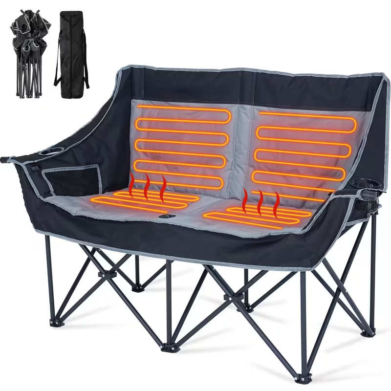 Oversized Heated Double Camping Chair – Foldable 2-Person Padded Loveseat with Dual Heating Zones, Heavy-Duty Frame, Carry Bag Included (Battery Not Included), Outdoor-Only Use