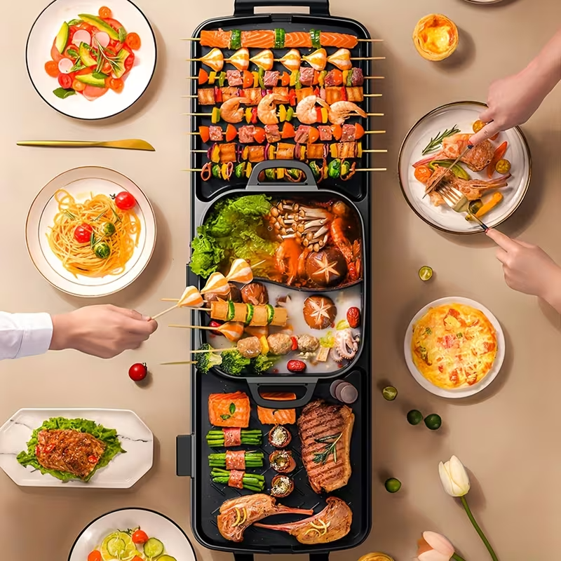 All-in-One Electric Hot Pot & Grill Combo – Large-Capacity Smokeless Cooker with Non-Stick Surface, Even Heating for Frying, Boiling, Grilling & Roasting – Ideal for Family Meals, Parties, Steak, Seafood & Kebabs