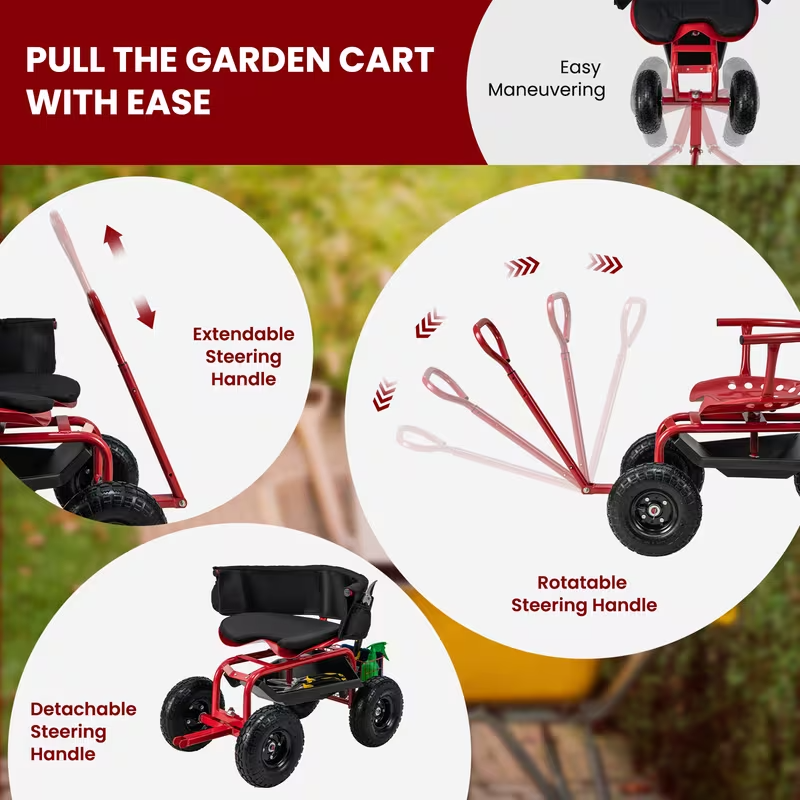 Heavy-Duty Garden Cart Scooter with 10" All-Terrain Tires, 360° Swivel Seat, Extendable Pull Handle, Storage Basket, Tool Pouch & Cushion – Red Rolling Garden Seat for Yard Work & Lawn Care