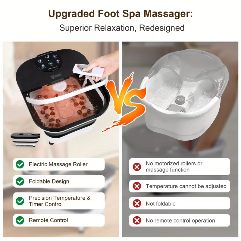 Foldable Heated Foot Spa Massager with 20 Massage Rollers, Bubble Therapy, Temperature & Timer Remote Control – Space-Saving Foot Bath for Relaxation, Pain Relief & Holiday Gifting – Black, 120V Plug-In