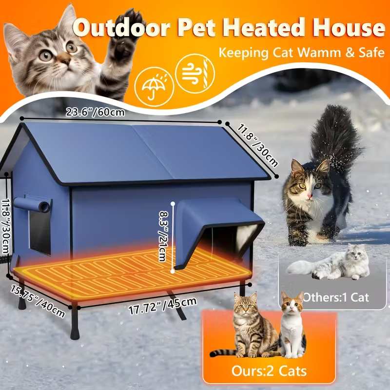 Outdoor Heated Cat House – Extra-Insulated Winter Shelter with Extended Eaves, Escape Door & Elevated Base for Outdoor, Stray, and Barn Cats