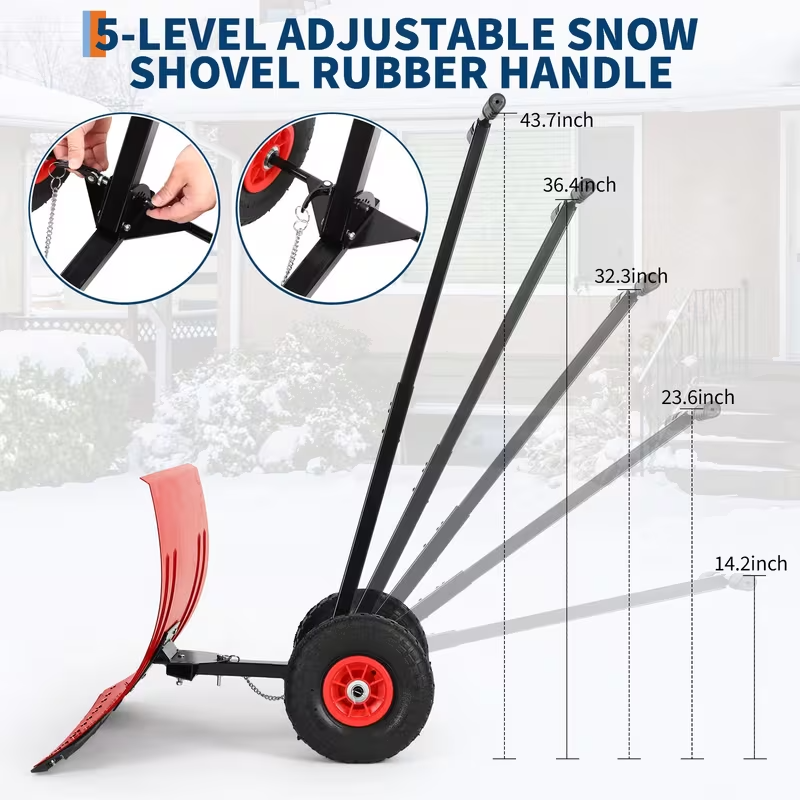 Rolling Snow Shovel with Wheels – Durable Carbon Steel Blade, Single Handle, Pre-Installed Parts for Quick Use, Ideal for Driveway and Walkway Snow Clearing