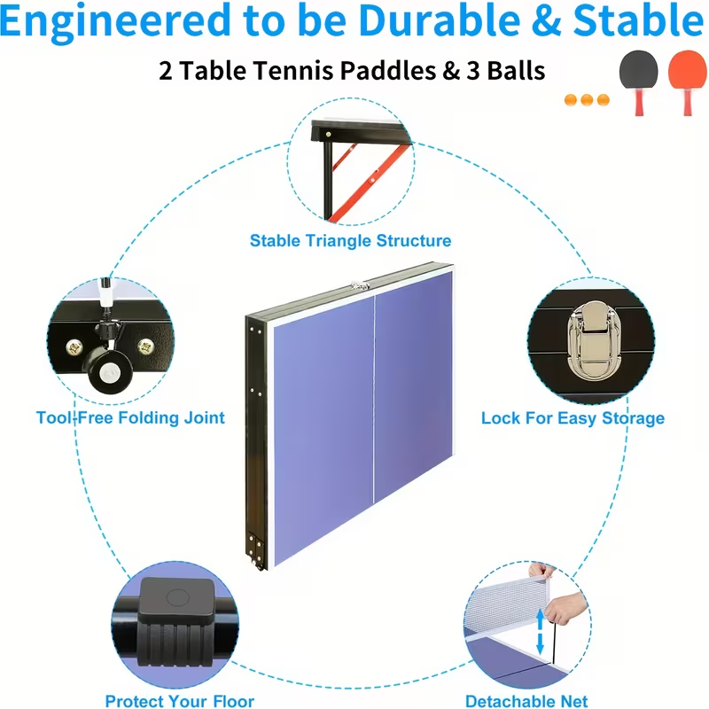 4.5FT Foldable Ping Pong Table – Portable Midsize Table Tennis Set for Indoor & Outdoor Use, Easy Storage Design, Includes 2 Paddles, 3 Balls, and Net – Ideal for Home, Family Games, Camping and Holiday Activities