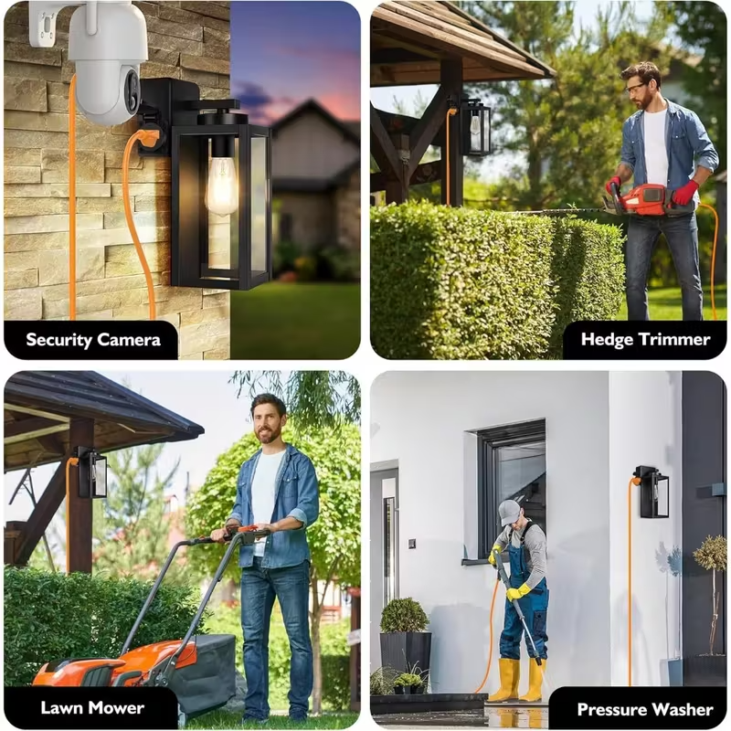 2-Pack Modern Outdoor Porch Lights with Outlet, Wall Sconces for Front Door, Garage, and Patio – Black Exterior Lighting Fixtures