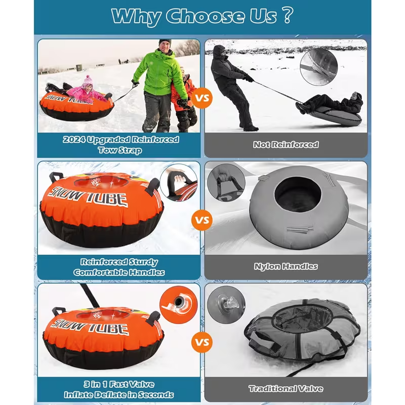 Heavy-Duty Inflatable Snow Tube for Adults & Teens – Fast-Speed Ski Ring with Tow Rope & Reinforced Handles, Durable PVC Winter Sled (Bright Orange)