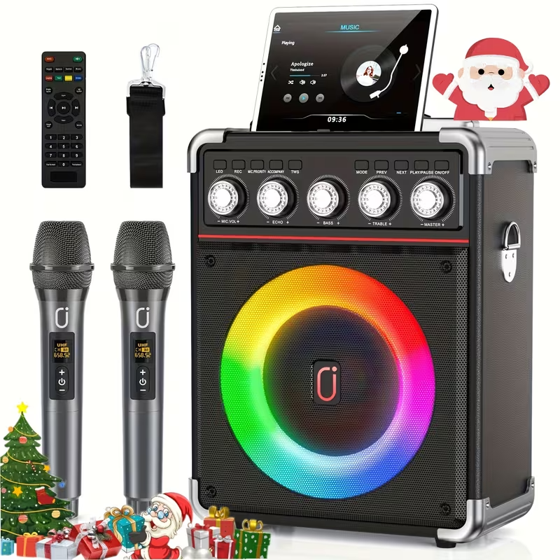 Portable Karaoke Machine with 2 Wireless Microphones, Bluetooth Party Speaker with Bass/Treble Control and DJ Lighting, Rechargeable Battery-Powered Sound System for Home Parties, Birthdays, Gatherings, and Christmas Gifts