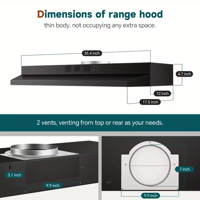 36-Inch Stainless Steel Under Cabinet Range Hood, Ducted/Ductless Convertible, 350 CFM 2-Speed Exhaust Fan with LED Light and Aluminum Mesh Filter