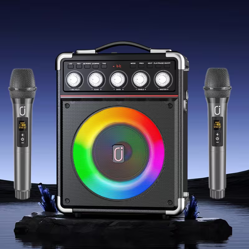 Portable Karaoke Machine with 2 Wireless Microphones, Bluetooth Party Speaker with Bass/Treble Control and DJ Lighting, Rechargeable Battery-Powered Sound System for Home Parties, Birthdays, Gatherings, and Christmas Gifts