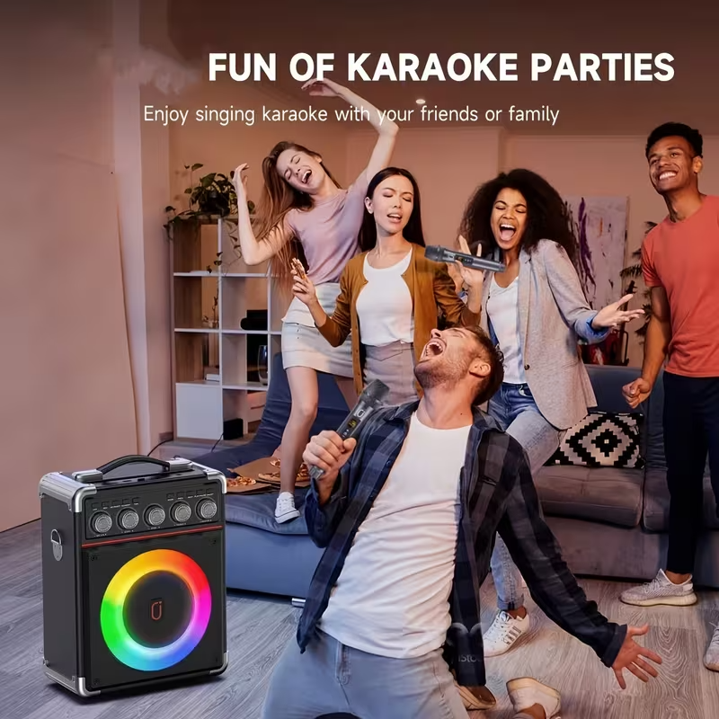 Portable Karaoke Machine with 2 Wireless Microphones, Bluetooth Party Speaker with Bass/Treble Control and DJ Lighting, Rechargeable Battery-Powered Sound System for Home Parties, Birthdays, Gatherings, and Christmas Gifts