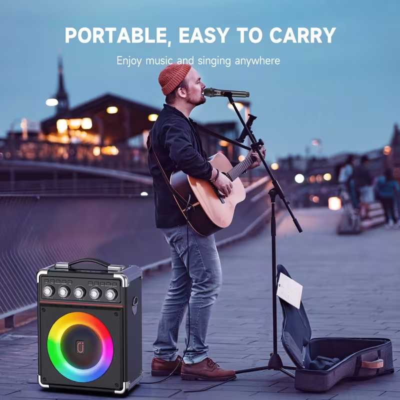 Portable Karaoke Machine with 2 Wireless Microphones, Bluetooth Party Speaker with Bass/Treble Control and DJ Lighting, Rechargeable Battery-Powered Sound System for Home Parties, Birthdays, Gatherings, and Christmas Gifts