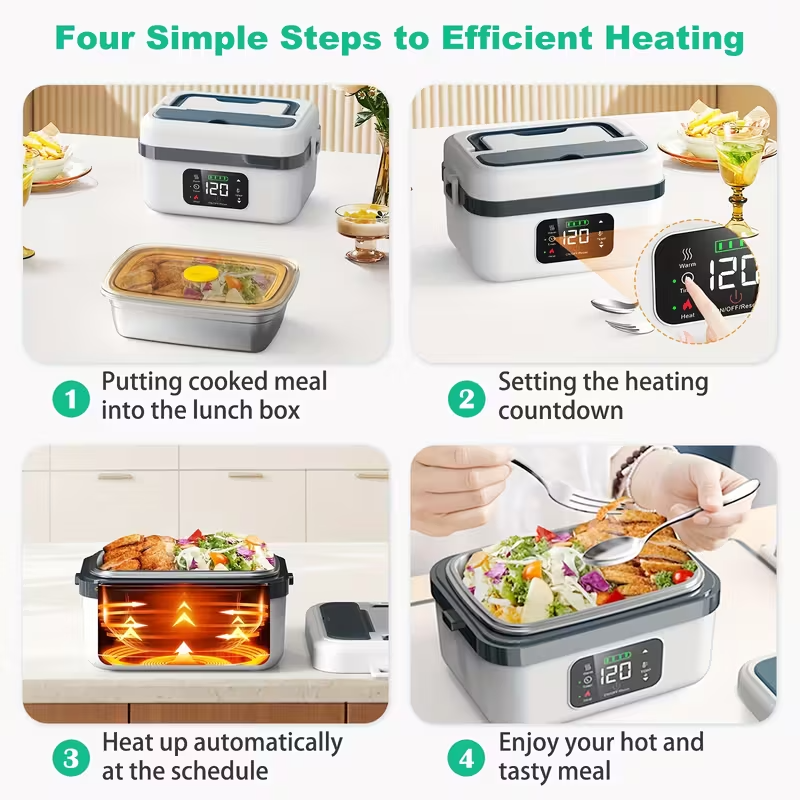 Cordless Electric Lunch Box for Adults – 8000mAh Battery Powered, 60W Self-Heating Food Warmer with Timer, 1L Portable Lunch Heater for Office, Car & Worksite
