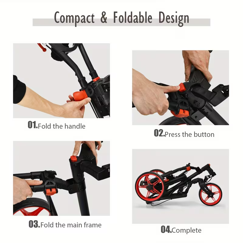 Folding Golf Push Cart, Lightweight Aluminum Golf Trolley with Adjustable Handle, Swivel Front Wheel, Foot Brake, Scoreboard and Cup Holder, Compact Design with Golf Bag Straps