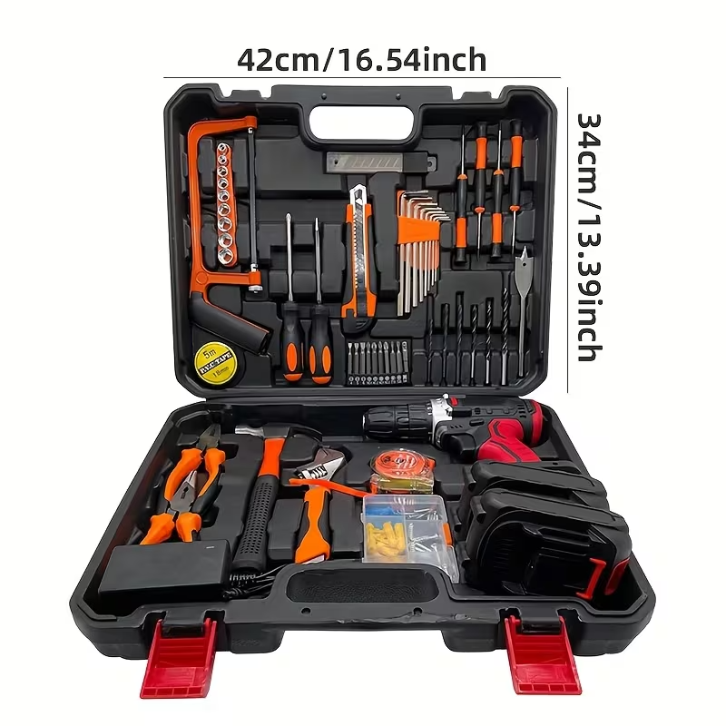 102-Piece Cordless Power Tool Kit with 2 Batteries, Electric Drill and Impact Wrench Set, Ratchet Screwdriver and Home Repair Tool Kit for Household DIY