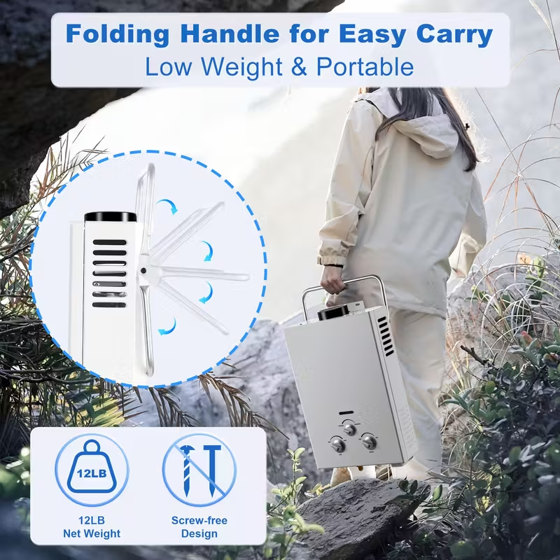 Portable Propane Tankless Water Heater, 6L 1.58 GPM Instant Hot Water Heater with Overheat Protection for RV, Cabin, Camping, Boat and Barn, White Metallic Finish