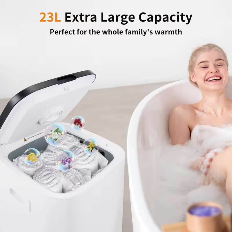 Square Towel Warmer Bucket with LED Display – 23L Large Capacity, Three Heating Levels & Delay Start Function, Ideal for Bathrooms, Bedrooms, and Spa Use