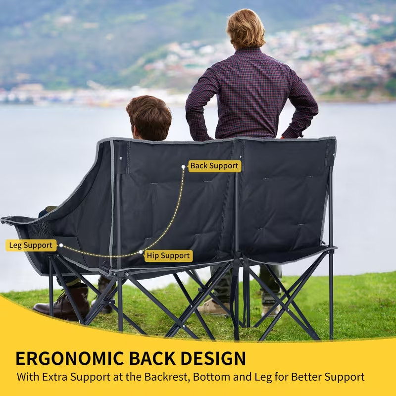Oversized Heated Double Camping Chair – Foldable 2-Person Padded Loveseat with Dual Heating Zones, Heavy-Duty Frame, Carry Bag Included (Battery Not Included), Outdoor-Only Use