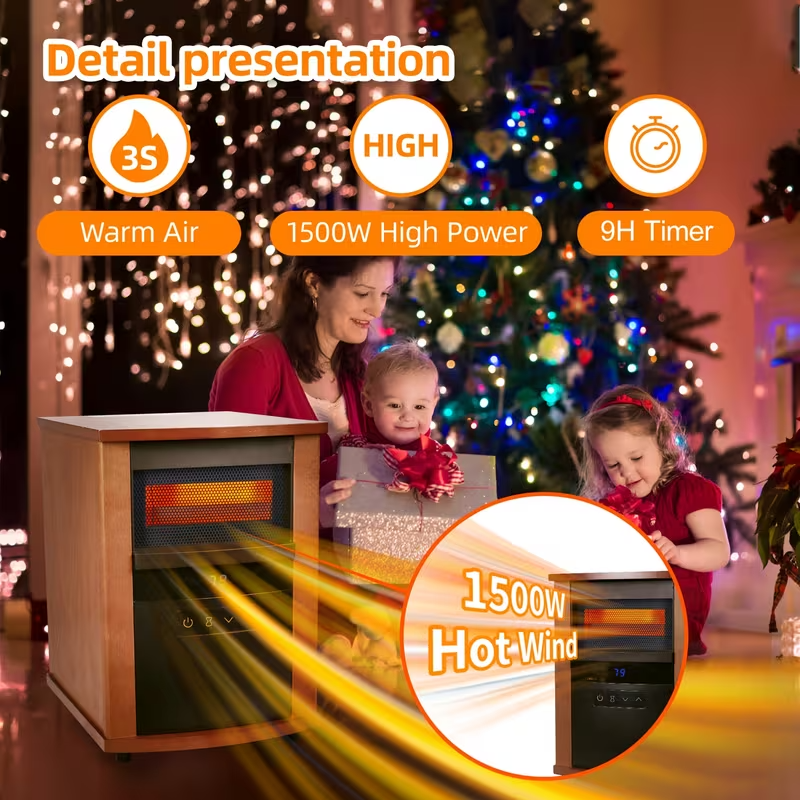 1500W Infrared Electric Space Heater with Thermostat, Remote Control, 9-Hour Timer, Overheat & Tip-Over Protection – Portable Indoor Heater for Bedroom, Office
