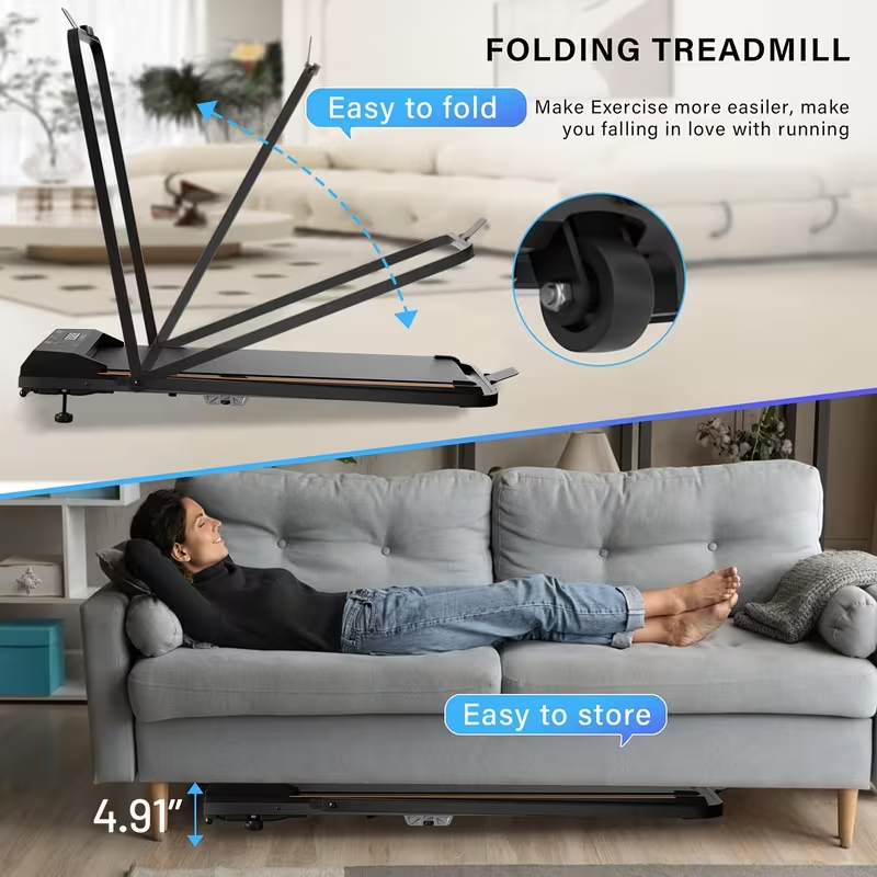 2-in-1 Under Desk Treadmill, 2.5HP Folding Walking Pad for Home & Office, Compact Portable Design, 110V Plug-Powered, No Battery Required – Black