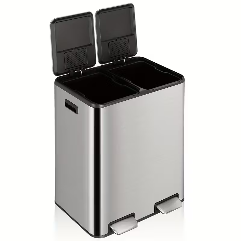 16-Gallon Dual Compartment Stainless Steel Kitchen Trash Can – Hands-Free Foot Pedal, Soft-Close Lid, Odor-Control Boxes, Airtight Design, Removable Buckets & Side Handles for Home or Office