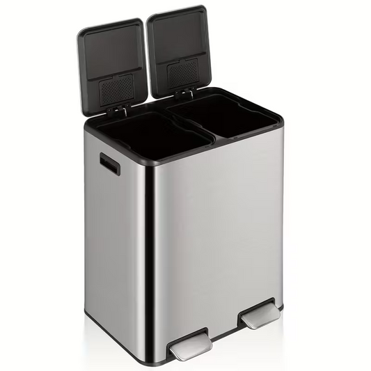 16-Gallon Dual Compartment Stainless Steel Kitchen Trash Can – Hands-Free Foot Pedal, Soft-Close Lid, Odor-Control Boxes, Airtight Design, Removable Buckets & Side Handles for Home or Office