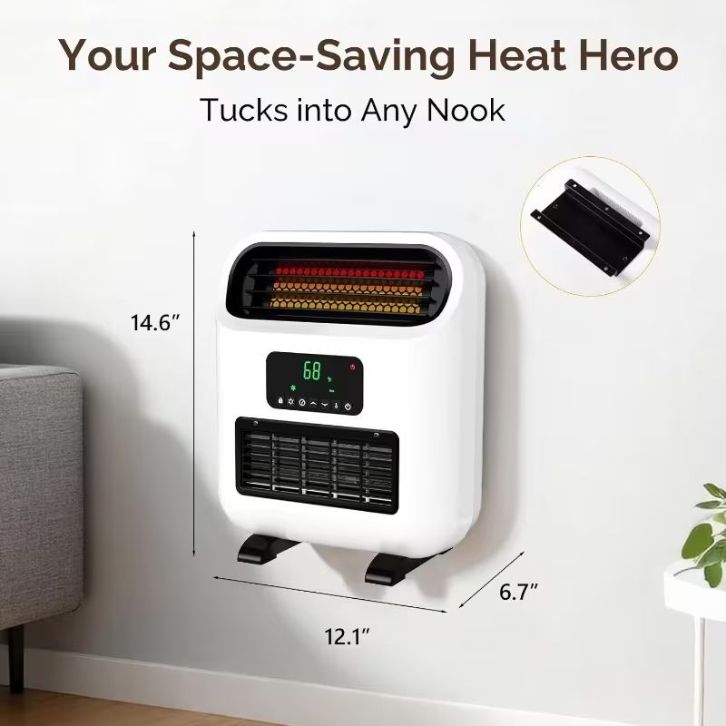 Mini Electric Space Heater, Wall-Mounted or Freestanding, 1500W Indoor Heater with Adjustable Thermostat, Timer, and 3 Heating Modes for Home, Bedroom, Office, and Garage