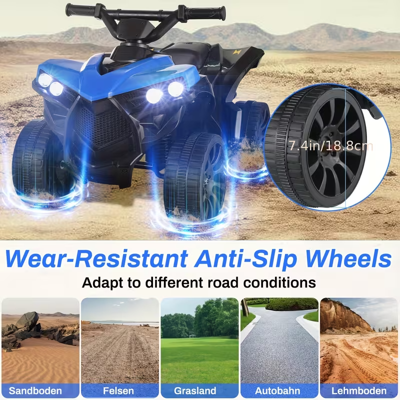 Kids Electric Quad ATV Ride-On with Headlights, Pedal Accelerator, All-Terrain Anti-Slip Tires, 1.86 MPH Speed, Sturdy PP Body, USB Power, 55 lbs Capacity – Ride-On Toy for Boys and Girls, Ages 3+, Red/Black