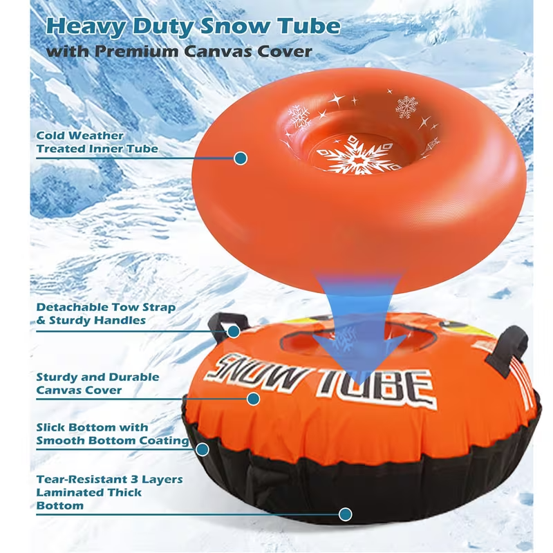Heavy-Duty Inflatable Snow Tube for Adults & Teens – Fast-Speed Ski Ring with Tow Rope & Reinforced Handles, Durable PVC Winter Sled (Bright Orange)