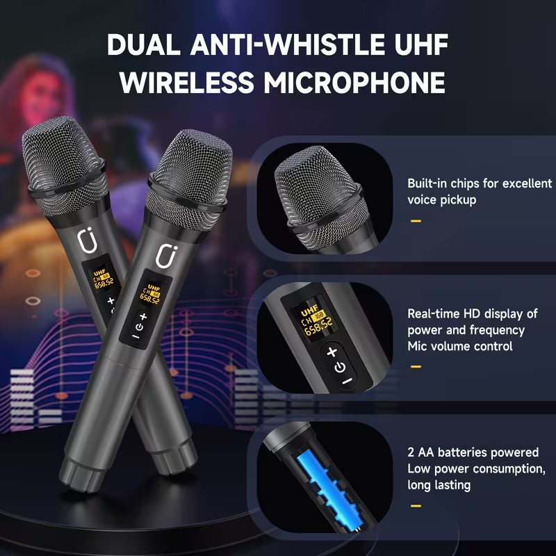 Portable Karaoke Machine with 2 Wireless Microphones, Bluetooth Party Speaker with Bass/Treble Control and DJ Lighting, Rechargeable Battery-Powered Sound System for Home Parties, Birthdays, Gatherings, and Christmas Gifts