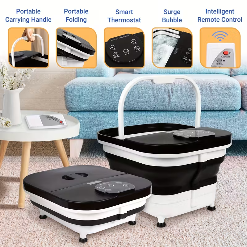 Foldable Heated Foot Spa Massager with 20 Massage Rollers, Bubble Therapy, Temperature & Timer Remote Control – Space-Saving Foot Bath for Relaxation, Pain Relief & Holiday Gifting – Black, 120V Plug-In