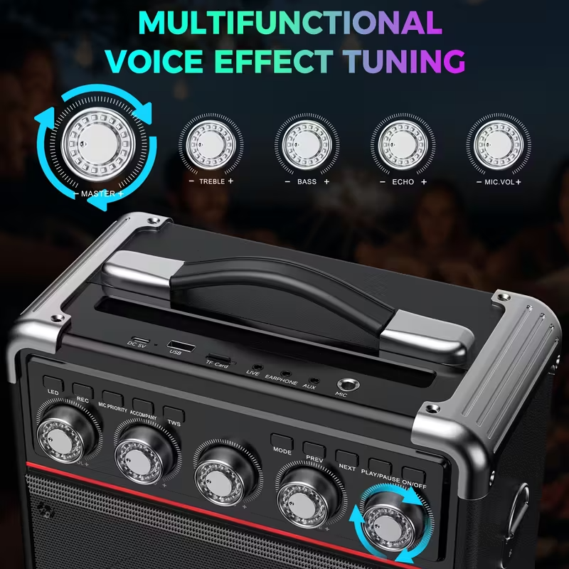 Portable Karaoke Machine with 2 Wireless Microphones, Bluetooth Party Speaker with Bass/Treble Control and DJ Lighting, Rechargeable Battery-Powered Sound System for Home Parties, Birthdays, Gatherings, and Christmas Gifts