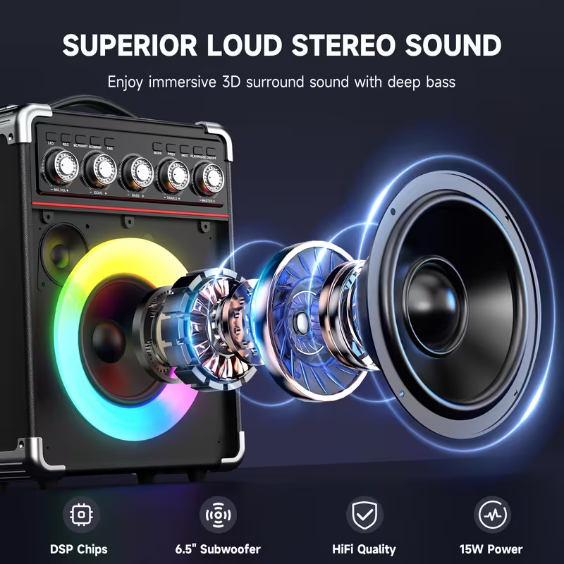 Portable Karaoke Machine with 2 Wireless Microphones, Bluetooth Party Speaker with Bass/Treble Control and DJ Lighting, Rechargeable Battery-Powered Sound System for Home Parties, Birthdays, Gatherings, and Christmas Gifts