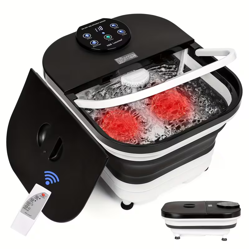 Foldable Heated Foot Spa Massager with 20 Massage Rollers, Bubble Therapy, Temperature & Timer Remote Control – Space-Saving Foot Bath for Relaxation, Pain Relief & Holiday Gifting – Black, 120V Plug-In