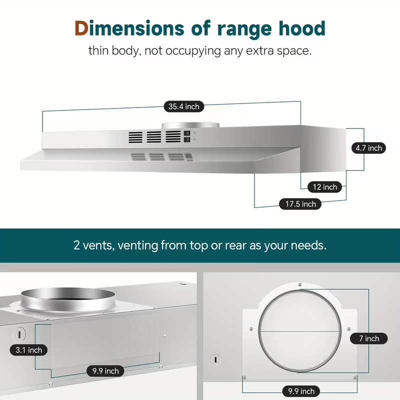 36-Inch Stainless Steel Under Cabinet Range Hood, Ducted/Ductless Convertible, 350 CFM 2-Speed Exhaust Fan with LED Light and Aluminum Mesh Filter