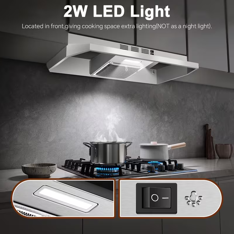 36-Inch Stainless Steel Under Cabinet Range Hood, Ducted/Ductless Convertible, 350 CFM 2-Speed Exhaust Fan with LED Light and Aluminum Mesh Filter