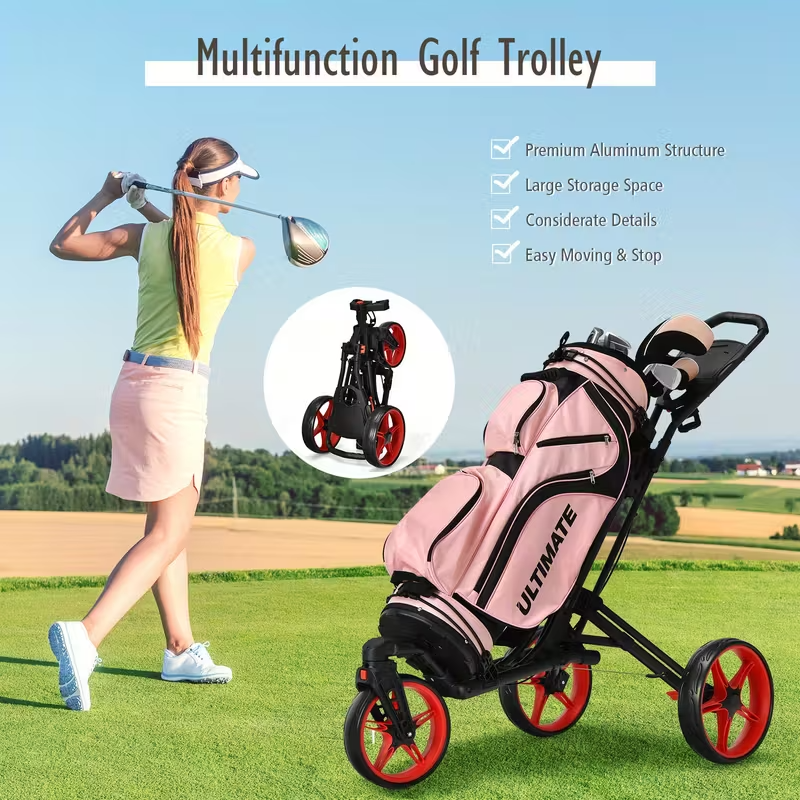 Folding Golf Push Cart, Lightweight Aluminum Golf Trolley with Adjustable Handle, Swivel Front Wheel, Foot Brake, Scoreboard and Cup Holder, Compact Design with Golf Bag Straps