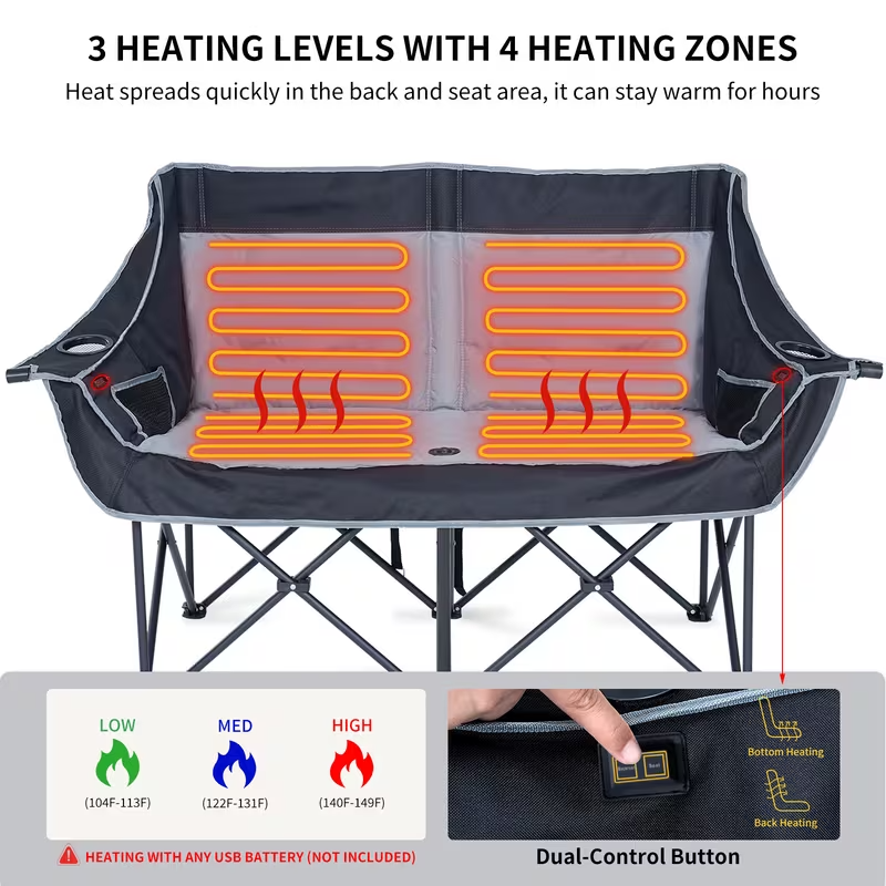 Oversized Heated Double Camping Chair – Foldable 2-Person Padded Loveseat with Dual Heating Zones, Heavy-Duty Frame, Carry Bag Included (Battery Not Included), Outdoor-Only Use