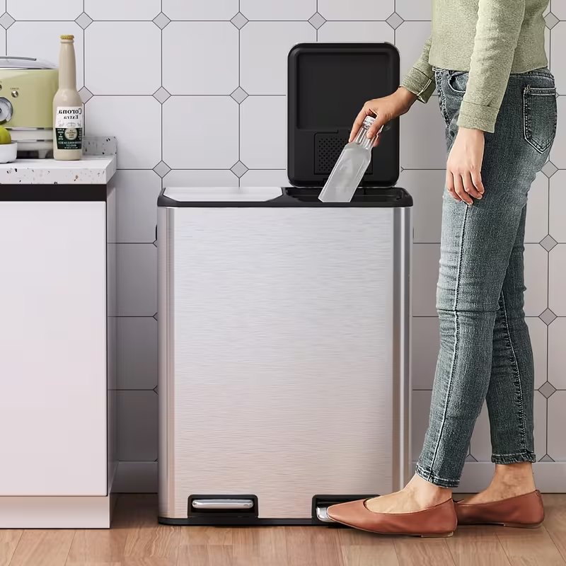 16-Gallon Dual Compartment Stainless Steel Kitchen Trash Can – Hands-Free Foot Pedal, Soft-Close Lid, Odor-Control Boxes, Airtight Design, Removable Buckets & Side Handles for Home or Office