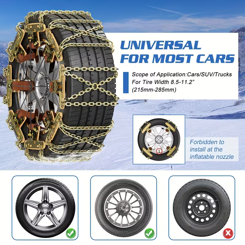 8-Pack Heavy-Duty Snow Chains for Cars, SUVs & Trucks – Quick Install, Enhanced Grip, Fits Tires 215–285 mm