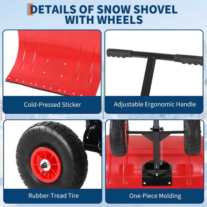 Rolling Snow Shovel with Wheels – Durable Carbon Steel Blade, Single Handle, Pre-Installed Parts for Quick Use, Ideal for Driveway and Walkway Snow Clearing