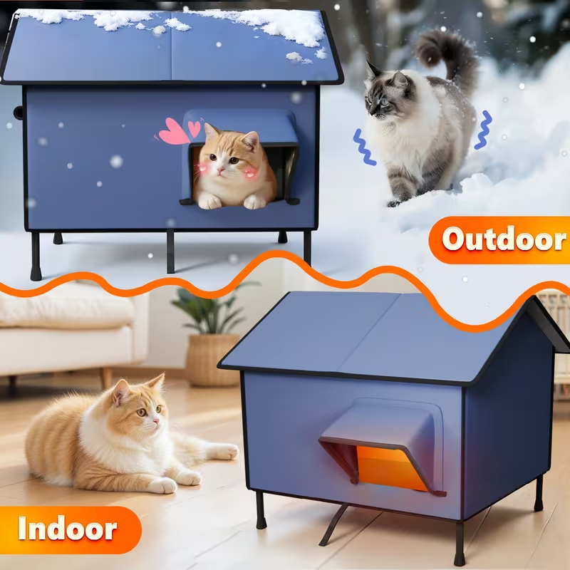 Outdoor Heated Cat House – Extra-Insulated Winter Shelter with Extended Eaves, Escape Door & Elevated Base for Outdoor, Stray, and Barn Cats