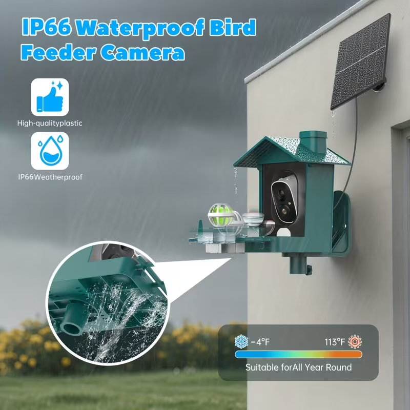 Smart Bird Feeder with 2K Camera – AI Recognition of 10,000+ Bird Species, Remote App Monitoring, IP66 Waterproof, Long Battery Life, Outdoor Bird Watching Feeder for Garden & Backyard – Perfect Gift for Bird Lovers
