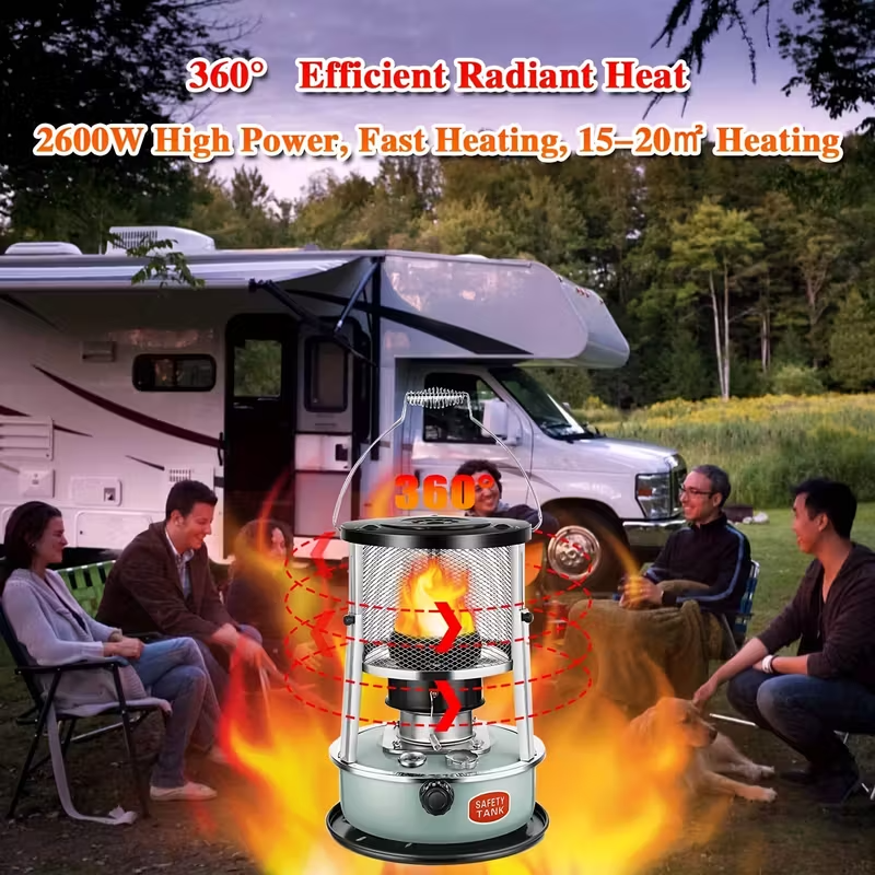 Portable 2600W Kerosene Heater and Stove, Non-Electric Indoor/Outdoor Oil Heater with Adjustable Flame, 1.19 Gallon Fuel Tank, Safety Mesh Guard and Stable Base for Camping, Garage and Emergency Use (Black)