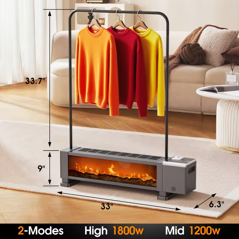 1800W Electric Baseboard Heater with Remote Control – 3D Flame Effect, Adjustable Thermostat, 12H Timer, Overheat & Tip-Over Protection, Portable Indoor Space Heater for Large Rooms