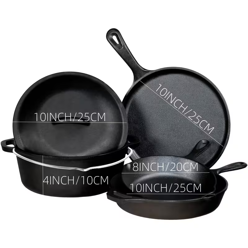 6"/8"/10" Cast Iron Frying Pans with Dutch Oven and Two Grills – Durable Non-Stick Cookware Set for Home Kitchen, Camping, Stove, Induction, and Open Fire