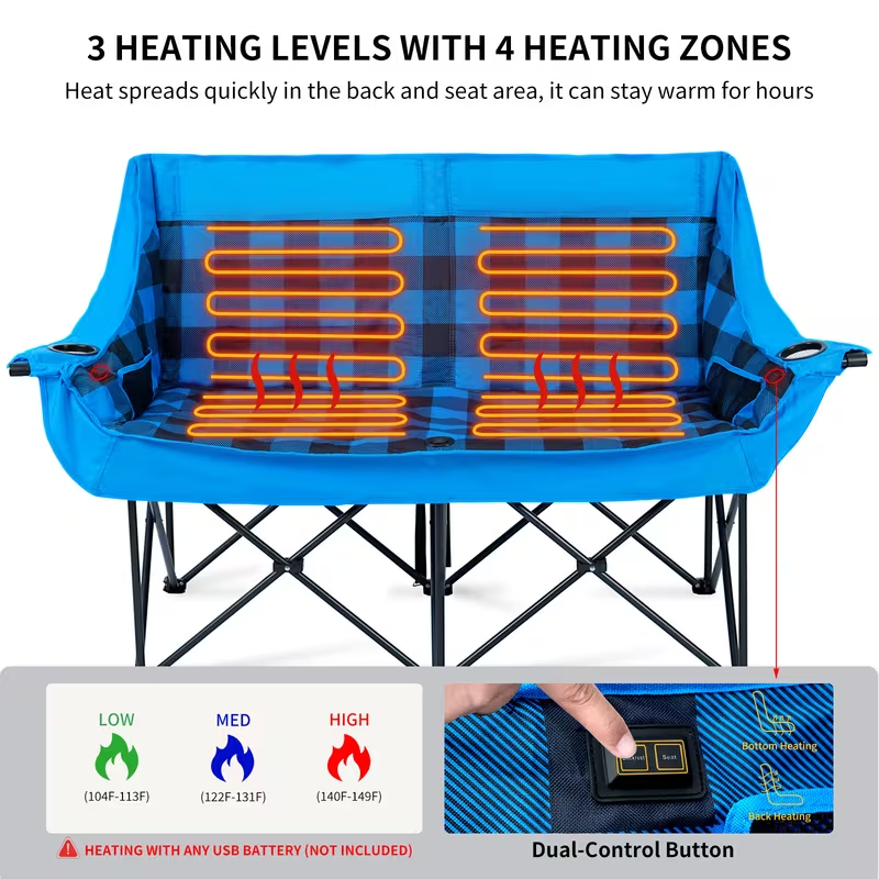 Oversized Heated Double Camping Chair – Foldable 2-Person Padded Loveseat with Dual Heating Zones, Heavy-Duty Frame, Carry Bag Included (Battery Not Included), Outdoor-Only Use