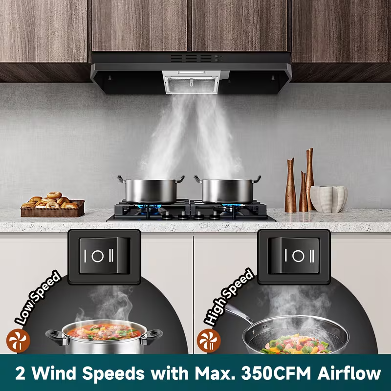 36-Inch Stainless Steel Under Cabinet Range Hood, Ducted/Ductless Convertible, 350 CFM 2-Speed Exhaust Fan with LED Light and Aluminum Mesh Filter