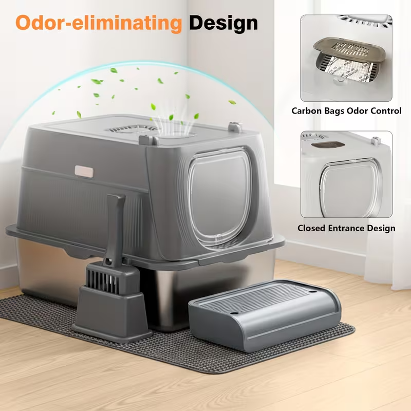 Extra Large Stainless Steel Cat Litter Box – Fully Enclosed Design with Foldable Anti-Splash Lid, Front Flap Door, and Odor-Sealing Deodorization System – Spacious, Durable, Easy-Clean Litter Box for Indoor Cats